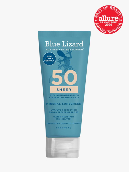 Blue Lizard Sheer Mineral Sunscreen SPF 50+ in branded tube component on a light gray background with the 2026 best of beauty seal in the top right corner