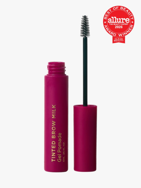Rye Beauty Tinted Brow Milk in branded component on a light gray background with the 2026 best of beauty clean beauty seal in the top right corner