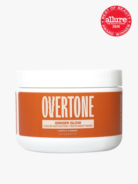 Overtone Color Depositing Treatment Mask white jar with orange label on light gray background with red Allure Best of Beauty seal in the top right corner