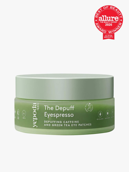 Yepoda The Depuff Eyespresso in branded tub component on a light gray background with the 2026 best of beauty clean beauty seal in the top right corner
